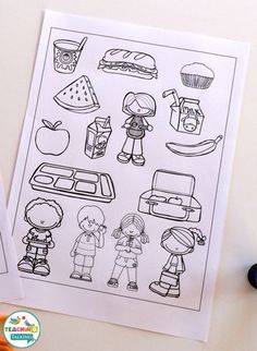 two children's coloring pages with food and drinks on them