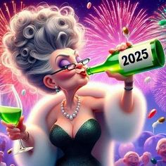 a woman in a black dress drinking from a green wine bottle with fireworks behind her