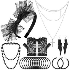 PRICES MAY VARY. GREAT VALUE SET – Paxcoo women’s 80s party accessories includes 1pcs lace headband, 2 pair of earrings in different styles, 1 pair fingerless fishnet gloves, 10pcs black bracelets, 1pcs metal necklace and 2pcs plastic necklaces. Great for 80's costume accessories and Halloween costume COMFORTABLE TO WEAR – The 80s black lace headband is made of lace and fabric, and the fishnet gloves are super stretchy, earrings and necklace beads are made of plastic, bracelet is made of silicon Retro Jewelry For Parties, Vintage Jewelry For Holiday Parties, Vintage Holiday Jewelry For Party, Vintage Holiday Party Jewelry, Holiday Party Vintage Jewelry, Retro Black Costume Accessories For Party, Black Retro Party Costume Accessories, Black Costume Accessories For Winter Parties, Retro Black Party Costume Accessories