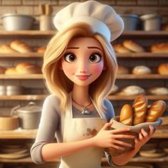 a cartoon character holding some bread in her hands