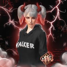 a woman with grey hair and horns on her head is standing in front of lightning