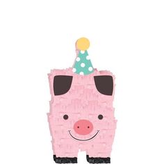 a pink pig with a party hat on it's head