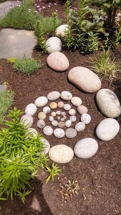 a circle made out of rocks in the middle of a garden with plants around it