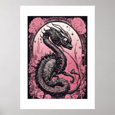 a pink and black print with a dragon in the center on a white wall next to a plant