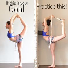 a woman standing on one leg and holding the other with both hands while doing yoga