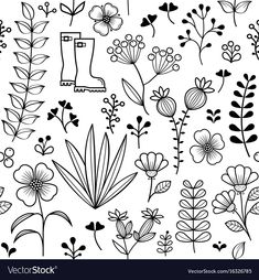 black and white flowers and boots on a white background seamless wallpaper or fabric