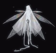 a woman with wings on her body standing in the dark, looking like she's floating