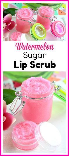 the ingredients to make watermelon sugar lip scrub are shown in two separate images