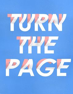 the words turn the page on a blue background with an orange and white stripe across it