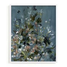 a painting of flowers and birds on a blue background