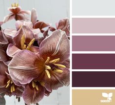 a vase filled with lots of purple flowers next to a white wall and color swatches