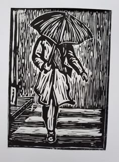 a black and white drawing of a person walking in the rain with an umbrella over their head