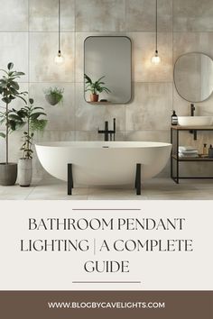 a bathroom with a white tub, mirror and plants