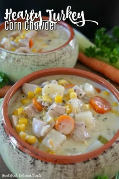 two bowls filled with corn and chicken soup