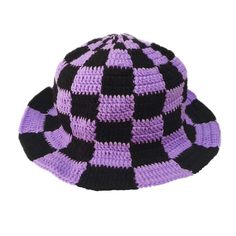 a crocheted hat with black and purple squares