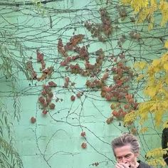 a man sitting on a bench in front of a green wall with vines growing up it