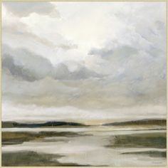 an abstract painting with white and grey clouds over water, on a beige background that is framed in gold frame