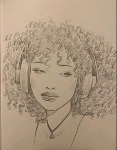 a drawing of a woman with headphones on her face and curly hair, looking to the side