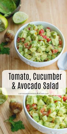 two bowls filled with cucumber and avocado salad on top of a wooden table