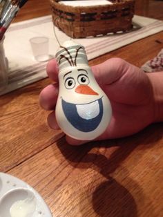 a hand holding an egg shaped like a snowman on top of a wooden table