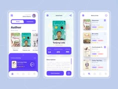 three smartphone screens showing the user's profile and description page for authors, including an author