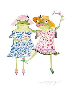 two frogs dressed in dresses and hats are holding umbrellas while standing next to each other