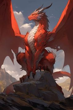 a red dragon sitting on top of a rock next to a mountain under a cloudy sky