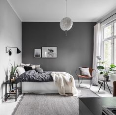 a bedroom with gray walls and white carpeted flooring in the middle of it