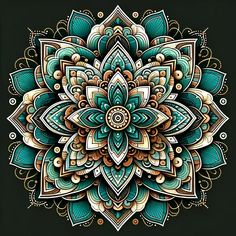 an intricate flower design on a black background with green and brown colors, in the middle of