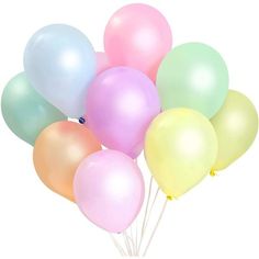 a bunch of pastel balloons are arranged in a bouquet on a white background,