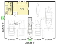 the floor plan for a two story house with garage and living room, which is divided by