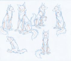 sketches of cats sitting and standing in different positions, all with their tails curled up