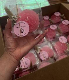 a hand holding a box of pink cupcakes with flowers on top and ribbons around the edges