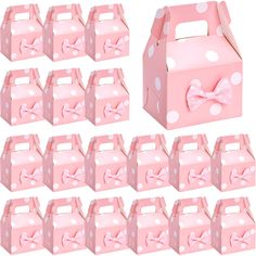 pink and white polka dotty gable boxes with bow ties on each side, set of 12