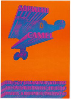 an orange and blue poster with a plane on it's side that says, sowwth came