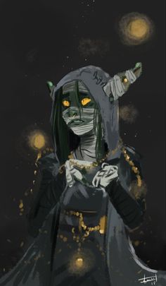 a drawing of a woman with green hair and yellow eyes, wearing a gray hoodie