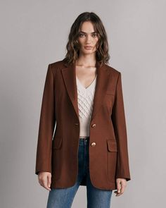 A slightly oversized boyfriend blazer crafted in Italian wool. Fully lined and complete with a brown felt undercollar. Pair with our Jacey Pant for a matching look. rag & bone Women's Cody Wool Oversized Fit Blazer | Light Brown, 00 (also in 2,4,8). Brown Wool Blazer, Fitted Wool Blazer In Brown, Fitted Brown Wool Blazer, Brown Blazer Outfits For Women, Chic Brown Single-button Blazer, Brown Wool Button-up Blazer, Black Wool Blazer, Red Turtleneck