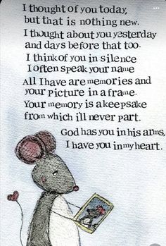 a drawing of a mouse reading a book with the words i thought of you today, but that is nothing new