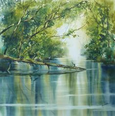 an oil painting of trees and water