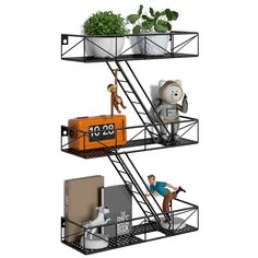 three tiered metal shelf with various items on it and one man climbing up the side