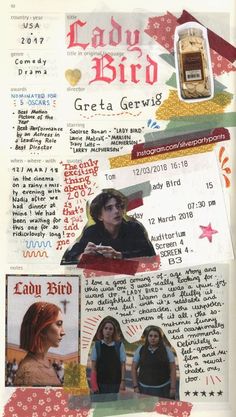 an altered collage with photos and text on it, including images from the movie lady bird