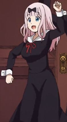 an anime character with pink hair and blue eyes wearing a black dress, standing in front of a door