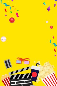 a movie clapper, popcorn and confetti on a yellow background with streamers