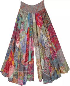 Nymphia Patchwork Split Skirt Pants | Multicoloured | Split-Skirts-Pants, Beach, Printed, Bohemian Mom Clothing Style, Harem Pants Outfit, Boho Bottoms, 2024 Design Trends, Hippy Clothes, Wide Skirt, Recycled Clothes, Quilted Skirt, Festival Pants