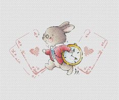 a cross stitch pattern with a rabbit holding a clock and playing cards in the background