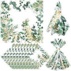 various green and white items with leaves on them, including napkins, flowers, and plants