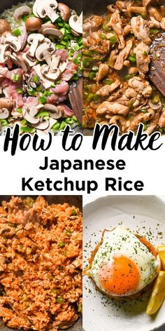 Japanese ketchup fried rice recipe with mushrooms, chicken, and sunny-side-up egg Japanese Ketchup, Omurice Recipe, Meal Rotation, Rice Wraps, Japanese Chicken, Hainanese Chicken, Rice Chicken, Homemade Tomato Sauce, Japanese Recipes