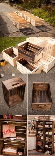 several different pictures of wooden crates with lids and drawers on them, one is open to reveal the contents