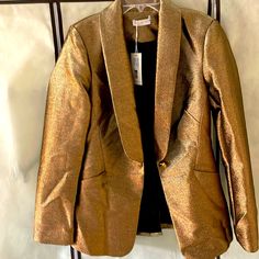 This Is A Brand New Never Worn Ramy Brook Gold With Copper Tones One Button Blazer, Never Worn. A Little Wrinkly So It Needs A Steam. Too Big For Me. Designer Single Button Party Blazer, Designer Party Blazer With Button Closure, Chic Gold Blazer For Winter, Chic Holiday Outerwear, Gold Single Breasted Blazer For Evening, Elegant Gold Single Breasted Blazer, Chic Holiday Formal Outerwear, Elegant Gold Blazer For Spring, Elegant Holiday Formal Outerwear