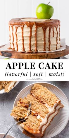 2 stacked images of apple cake: top image of apple cake on cake stand and bottom image of cake slice in plate Vanilla Cake With Apple Filling, Apple Cinnamon Birthday Cake, Fresh Apple Layer Cake Recipe, Apple And Caramel Cake, Brown Sugar Apple Cake, Layered Apple Cake Recipe, The Best Apple Cake, Apple Pie Layer Cake, Apple Cake With Maple Frosting